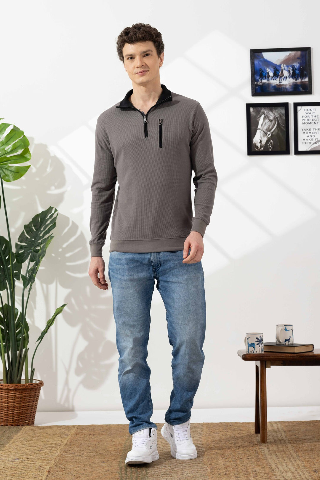 Steel Grey Self Design Zipper Collar T-Shirt