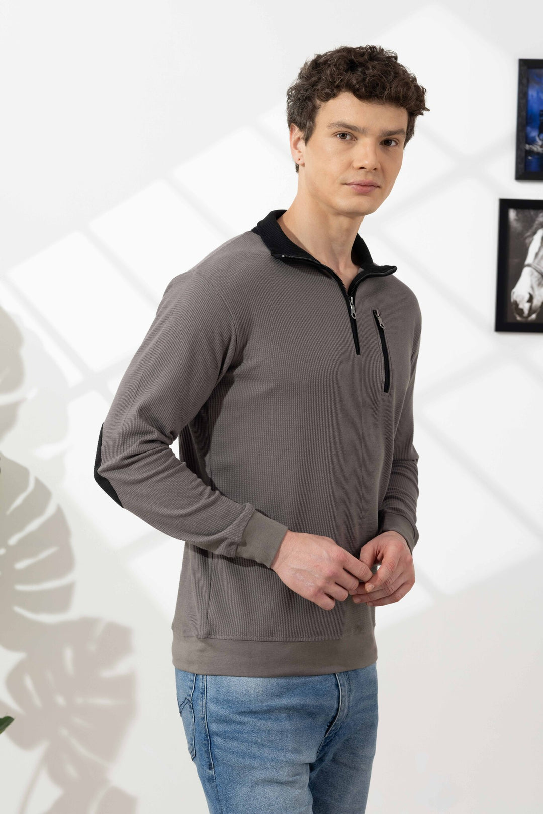 Steel Grey Self Design Zipper Collar T-Shirt