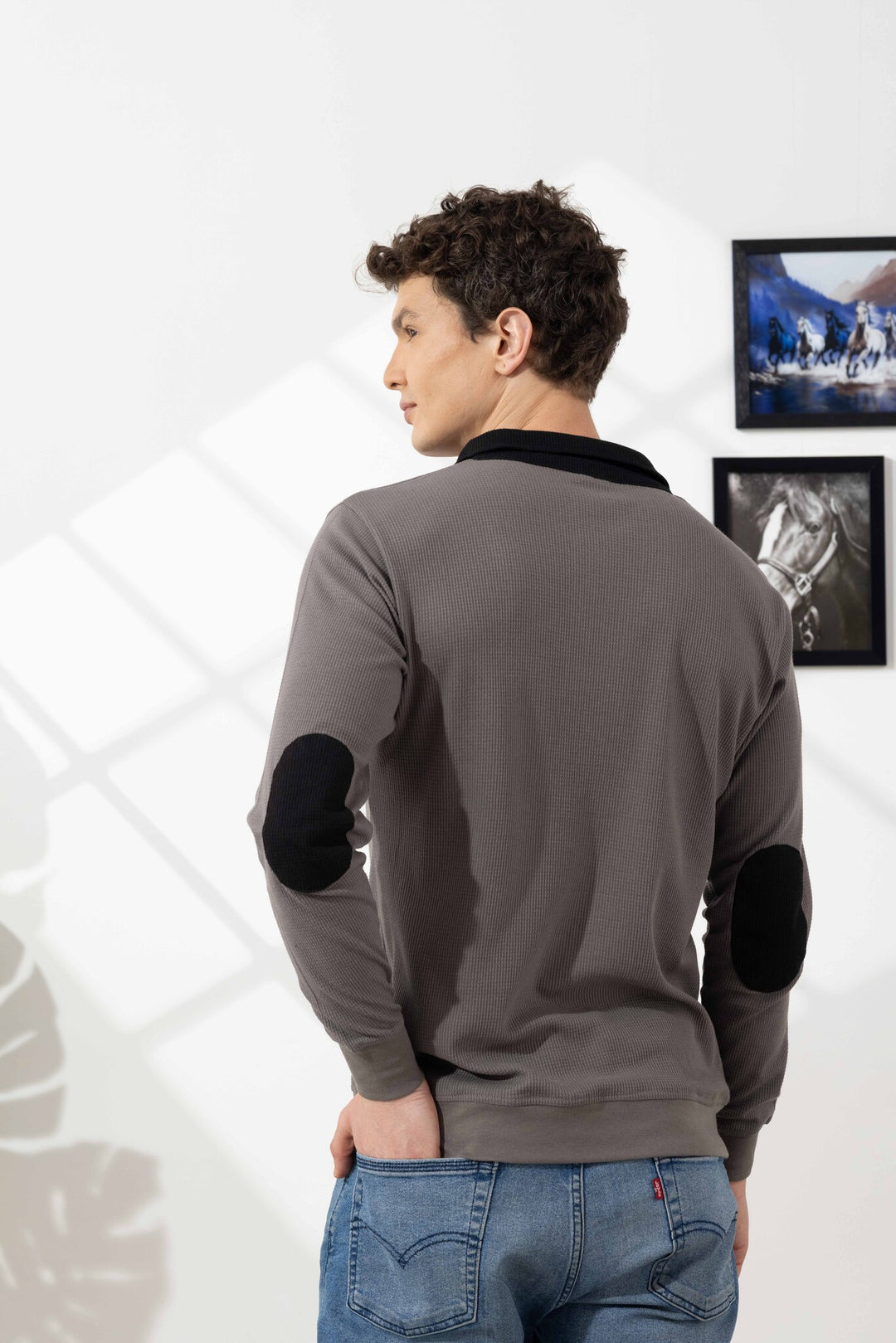 Steel Grey Self Design Zipper Collar T-Shirt