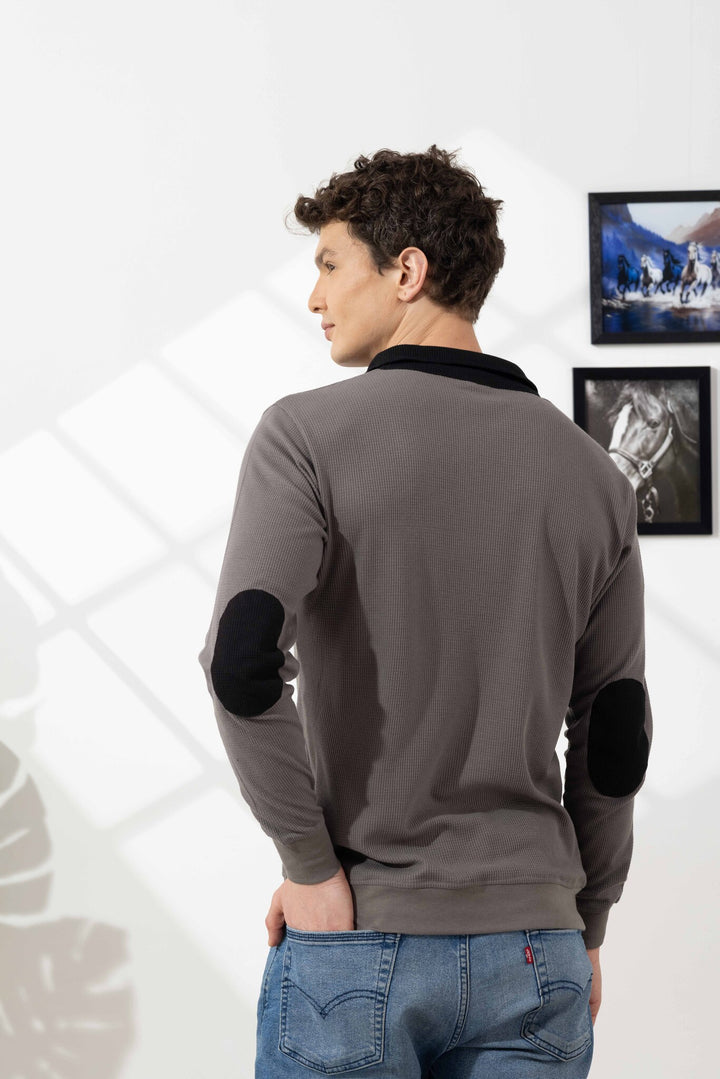 Steel Grey Self Design Zipper Collar T-Shirt