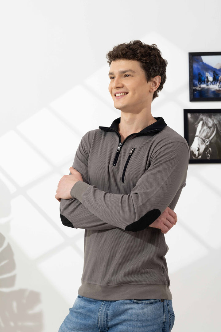 Steel Grey Self Design Zipper Collar T-Shirt