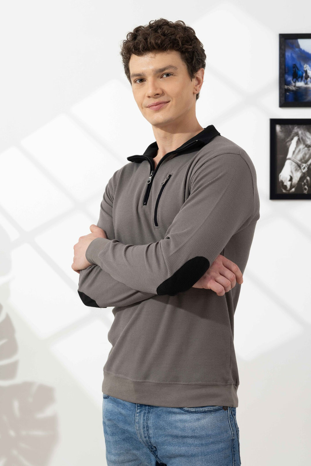 Steel Grey Self Design Zipper Collar T-Shirt