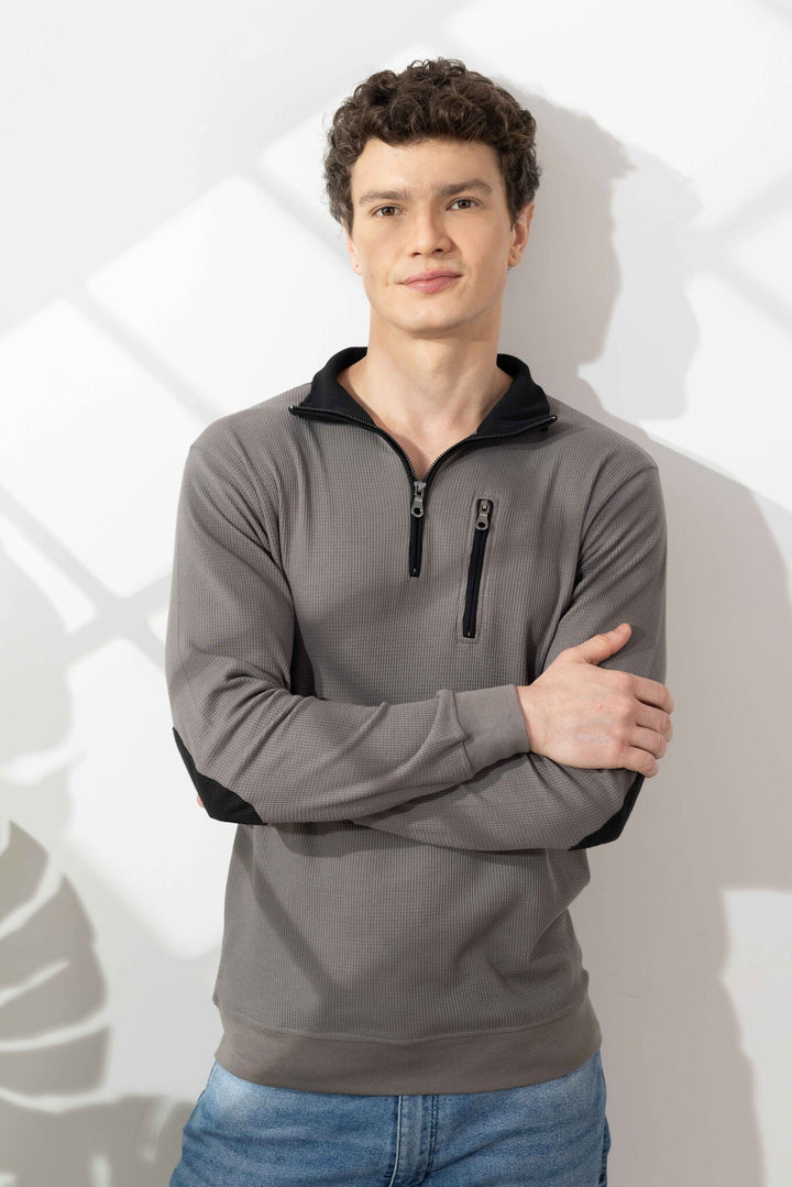 Steel Grey Self Design Zipper Collar T-Shirt