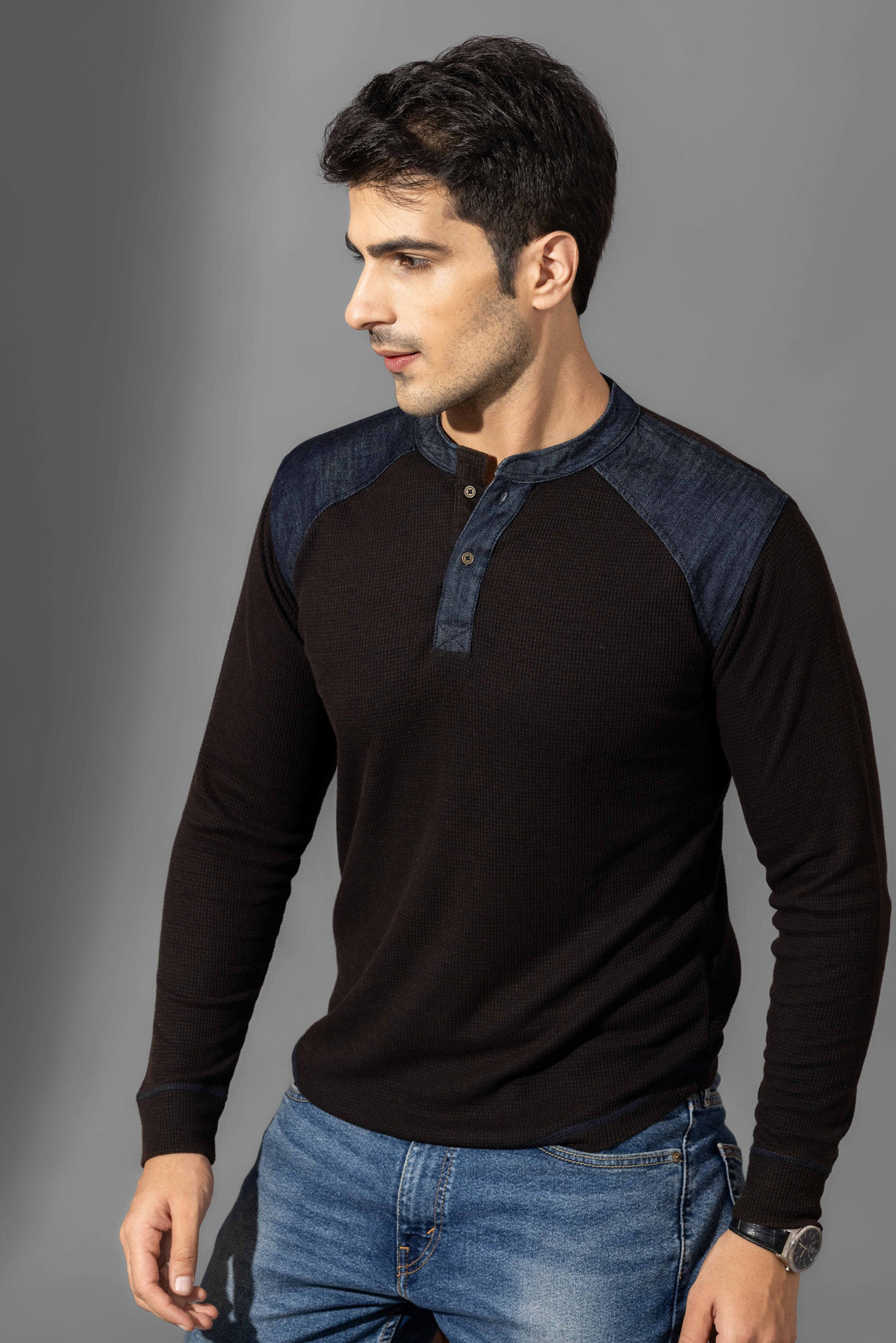 Black Self Design Henley T-Shirt