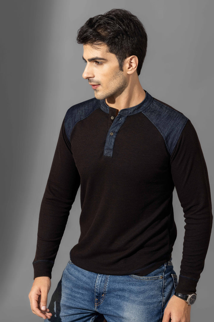 Black Self Design Henley T-Shirt