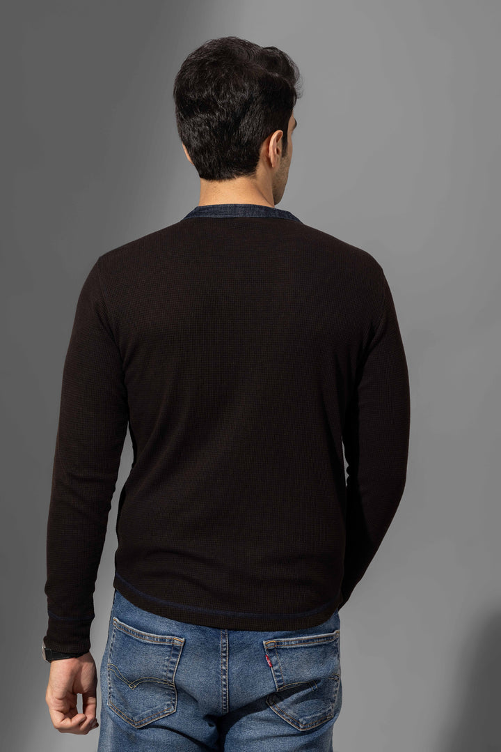 Black Self Design Henley T-Shirt