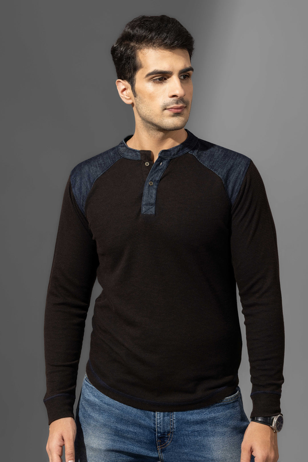 Black Self Design Henley T-Shirt