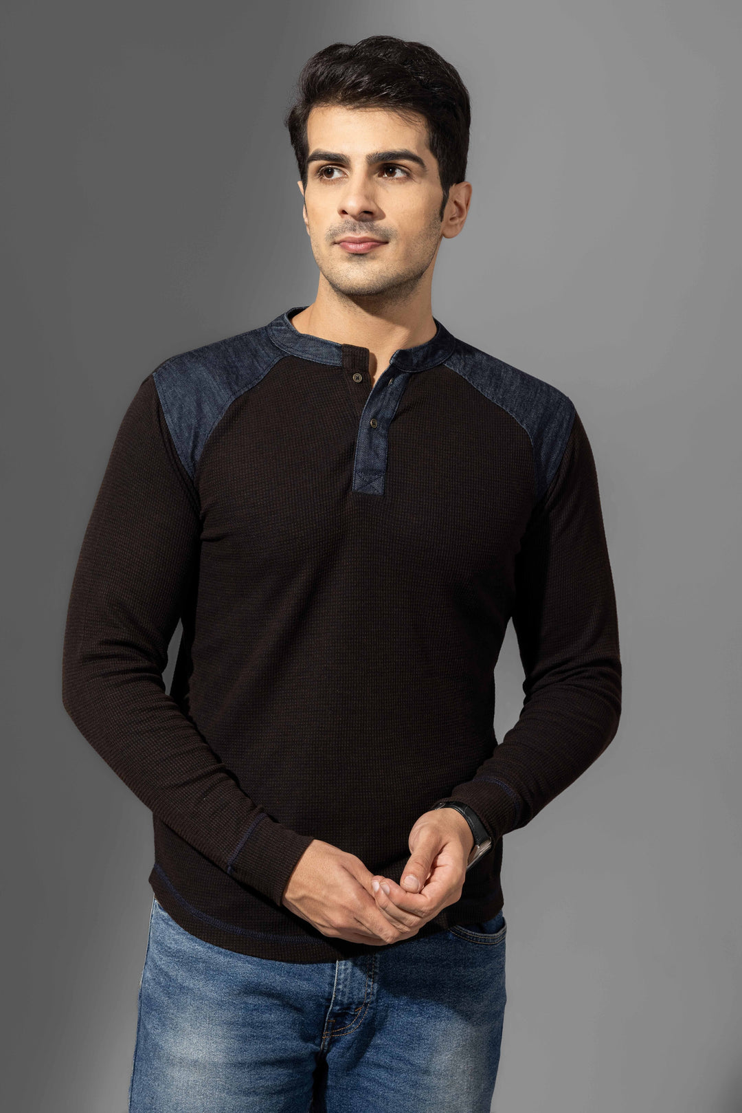 Black Self Design Henley T-Shirt