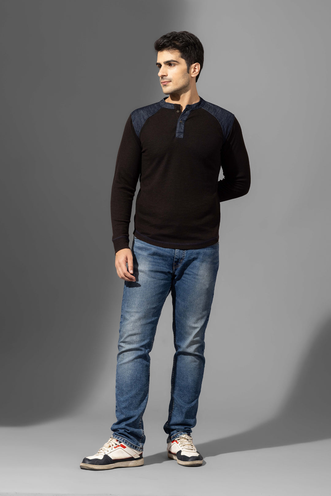 Black Self Design Henley T-Shirt