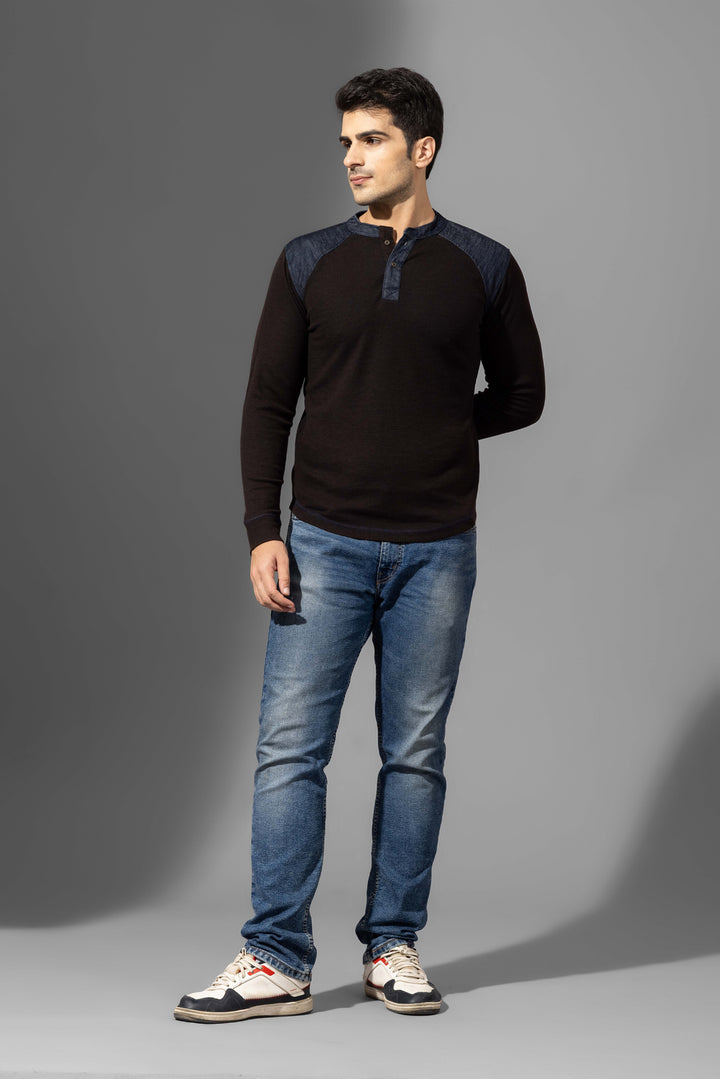 Black Self Design Henley T-Shirt