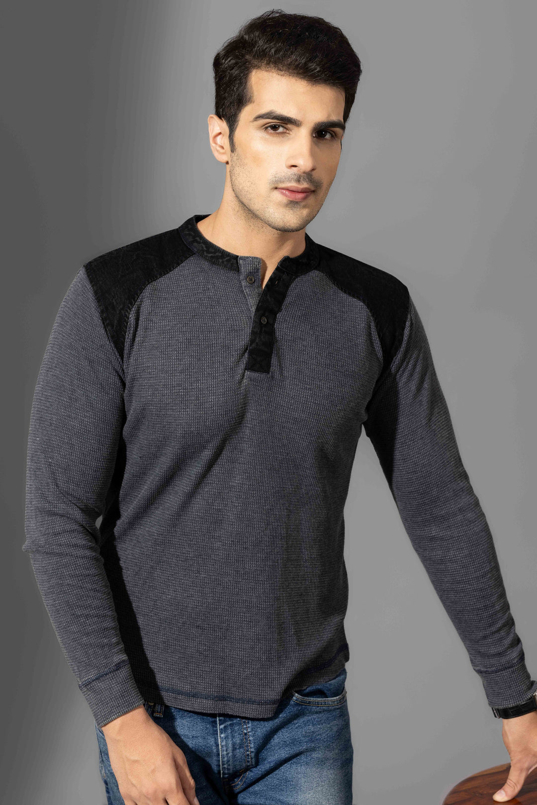 Dark Grey Self Design Henley T-Shirt
