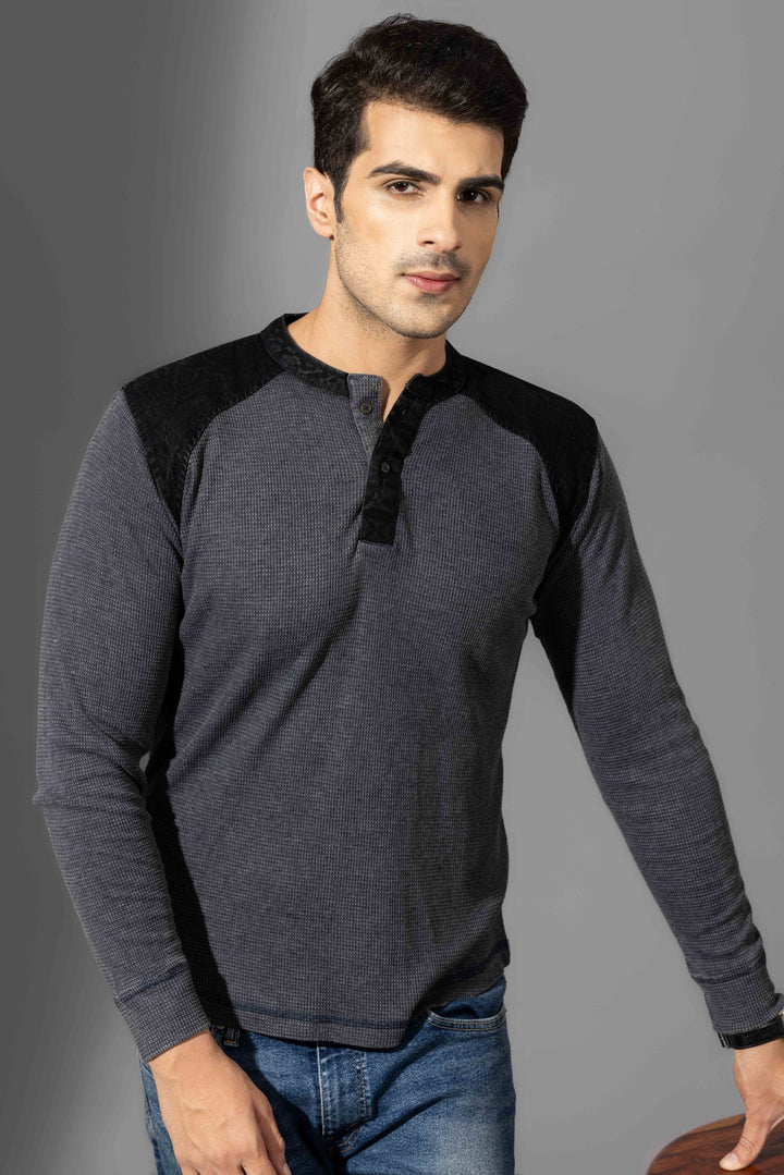 Dark Grey Self Design Henley T-Shirt
