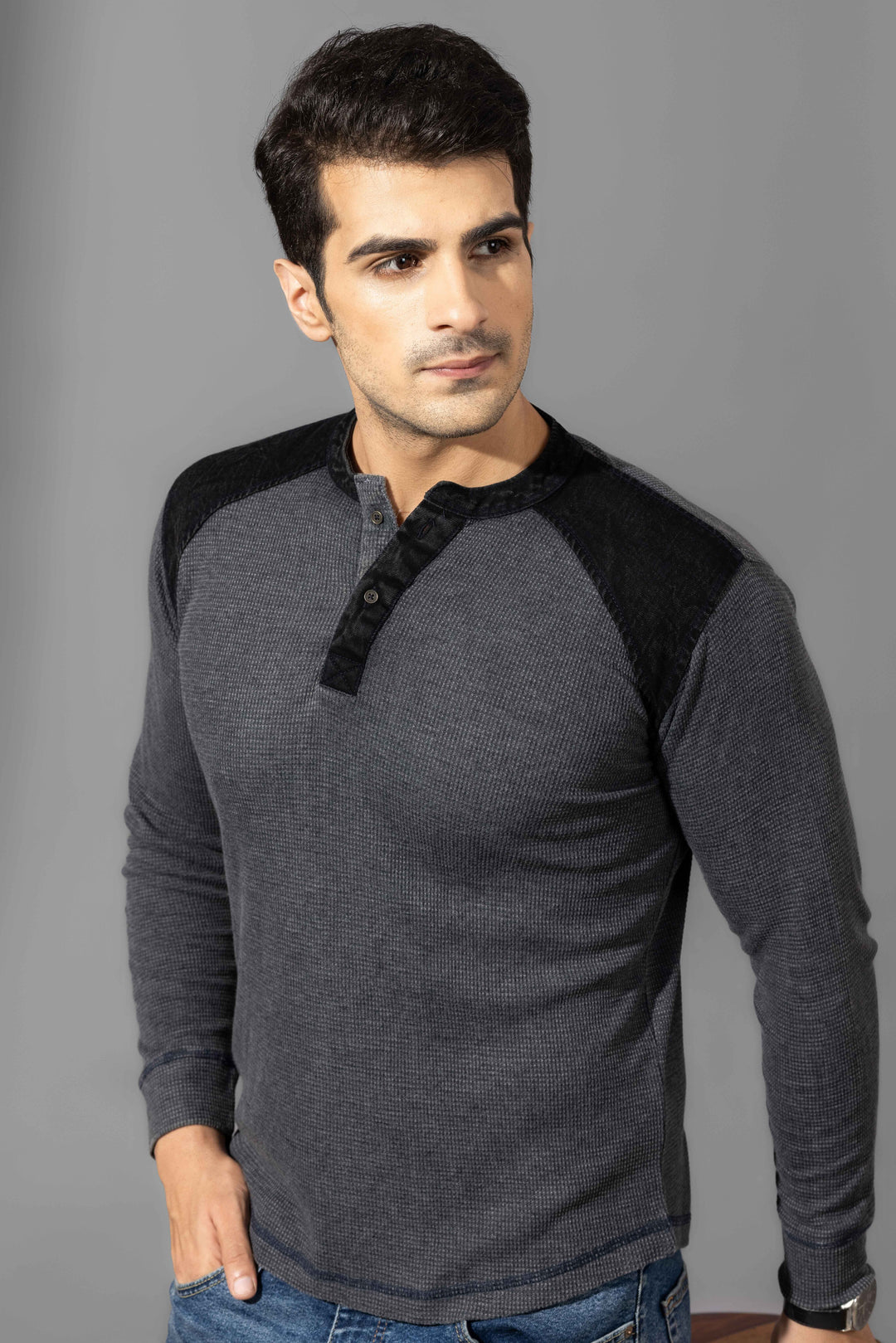 Dark Grey Self Design Henley T-Shirt