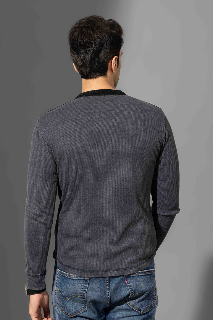 Dark Grey Self Design Henley T-Shirt