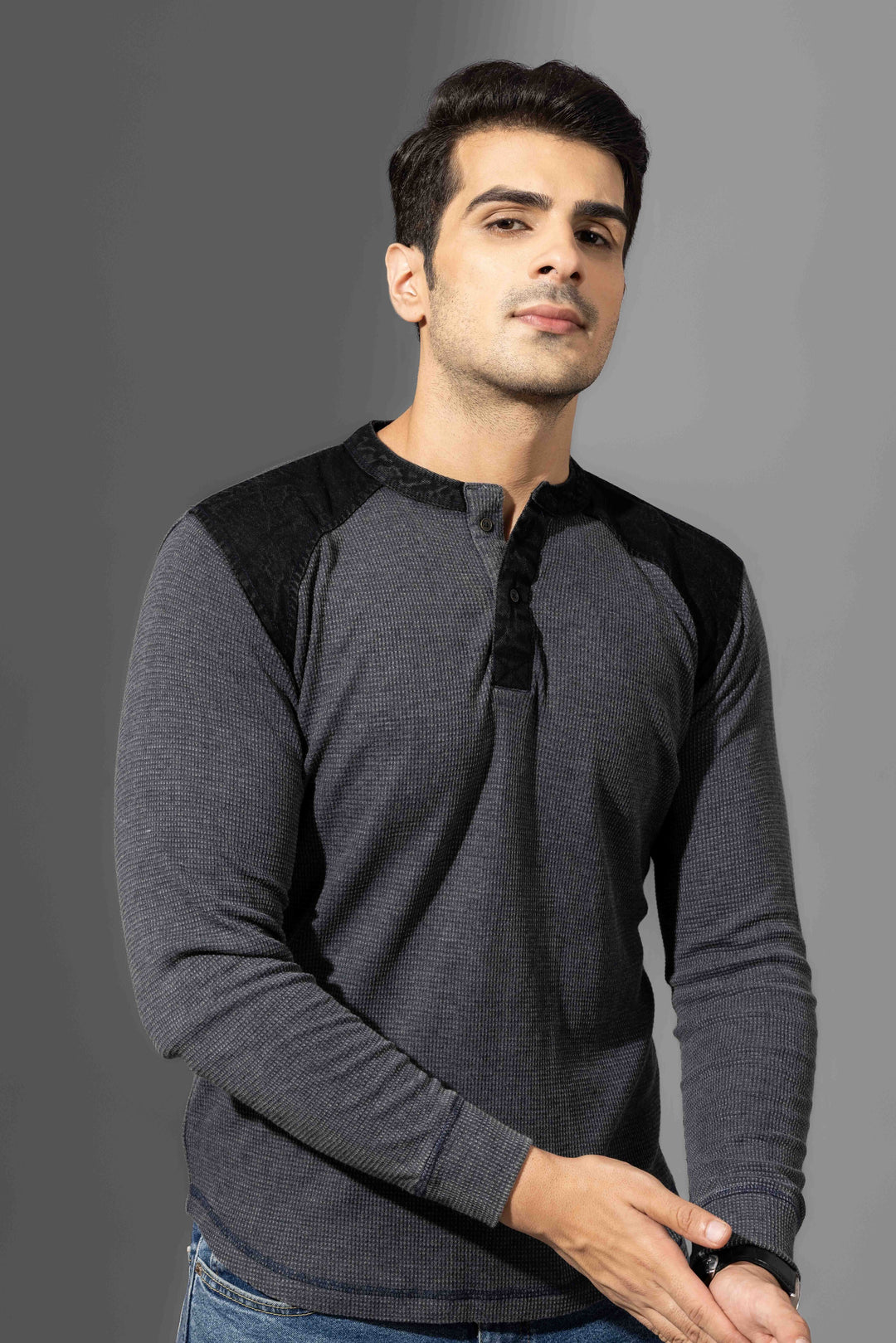 Dark Grey Self Design Henley T-Shirt