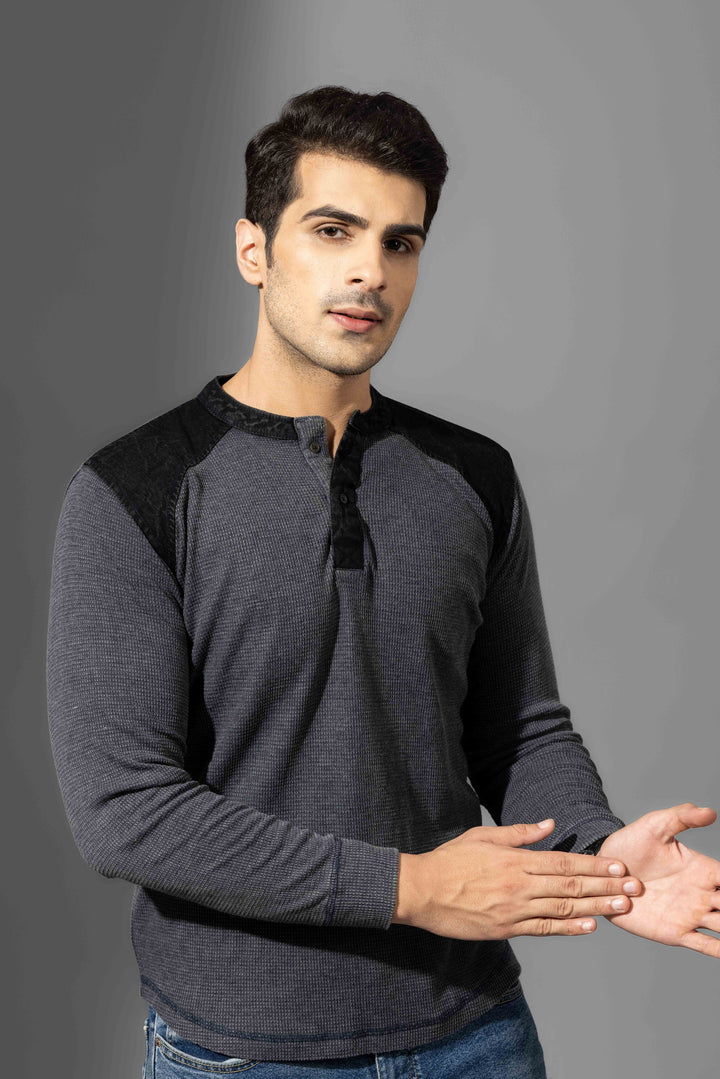 Dark Grey Self Design Henley T-Shirt