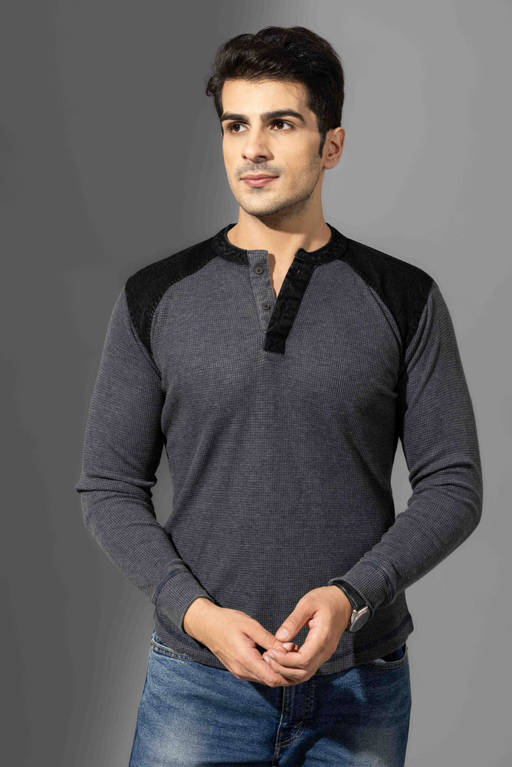 Dark Grey Self Design Henley T-Shirt