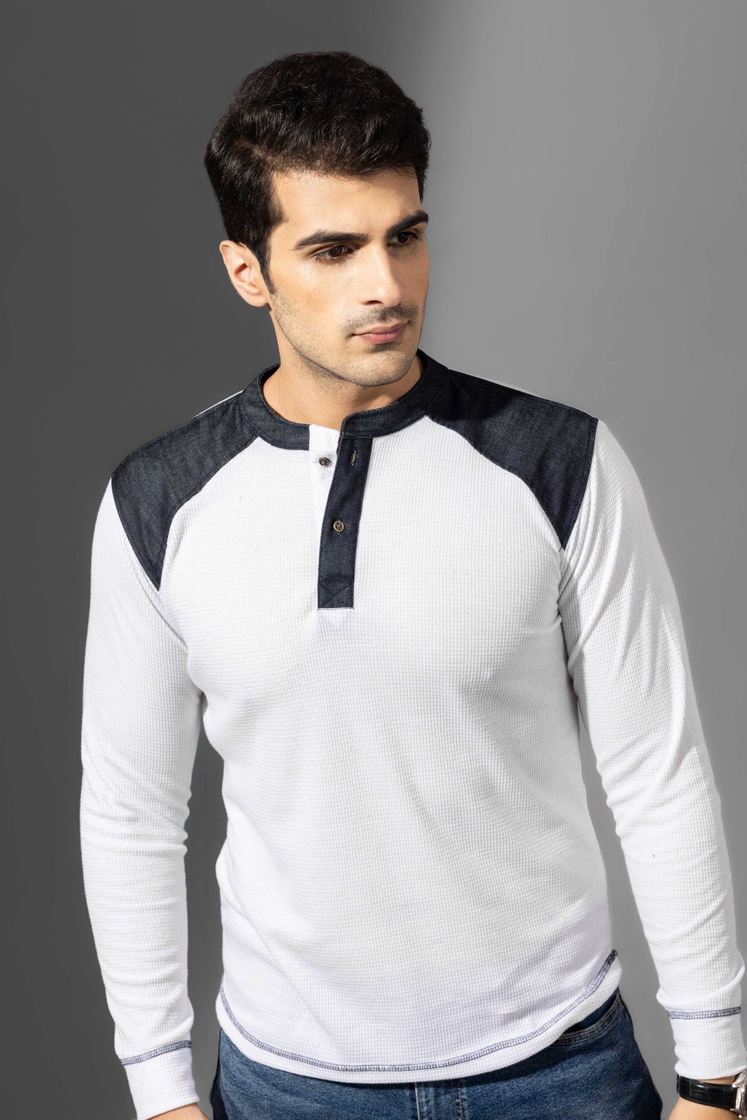 White Self Design Henley Neck T-Shirt