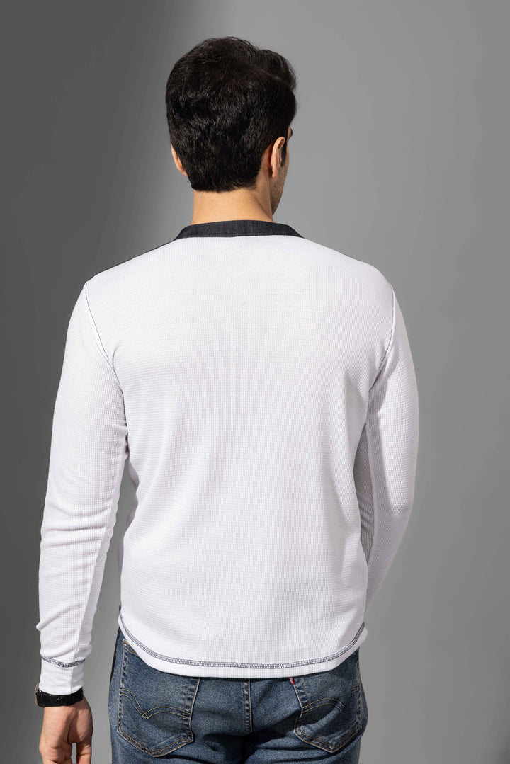 White Self Design Henley Neck T-Shirt
