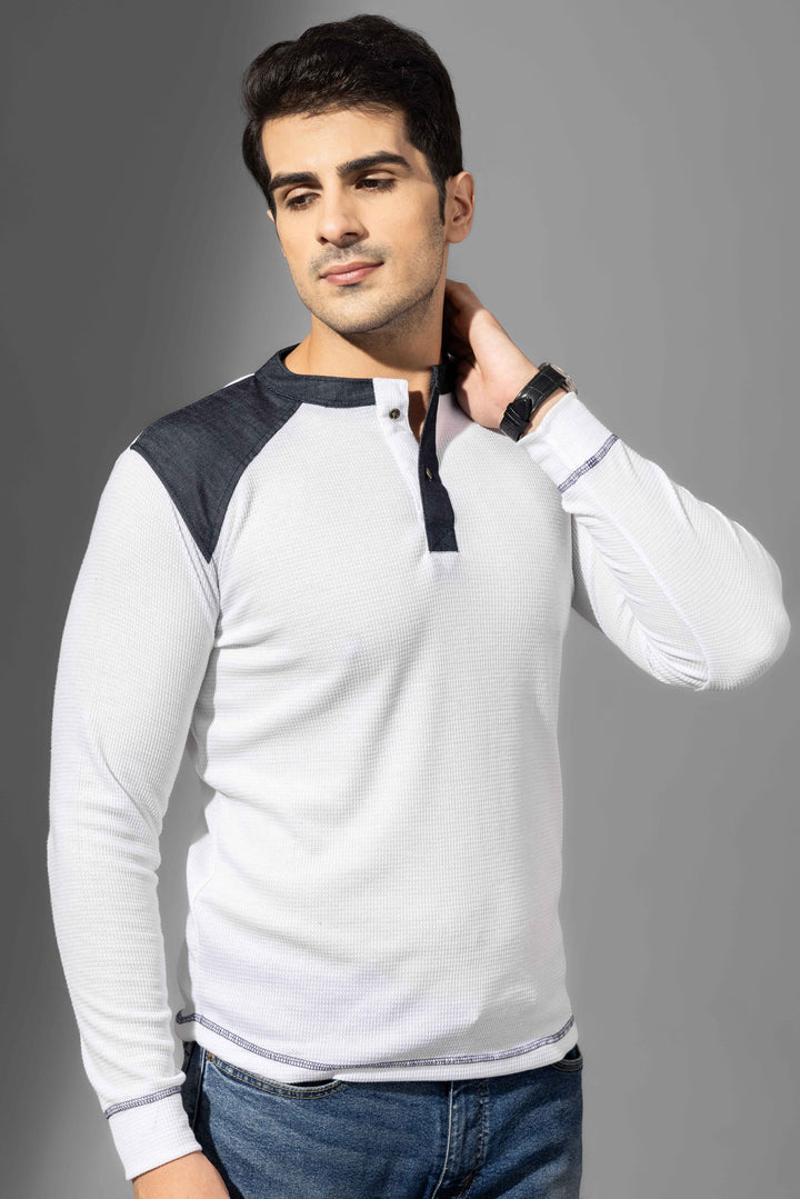 White Self Design Henley Neck T-Shirt
