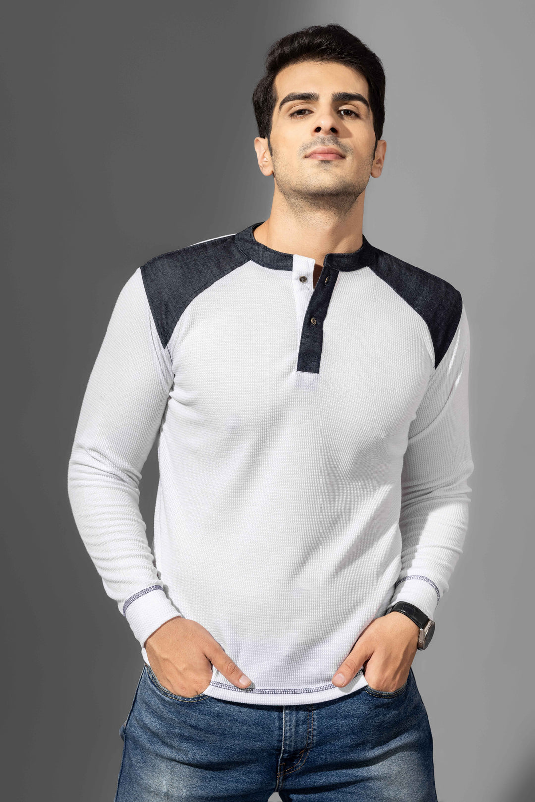 White Self Design Henley Neck T-Shirt