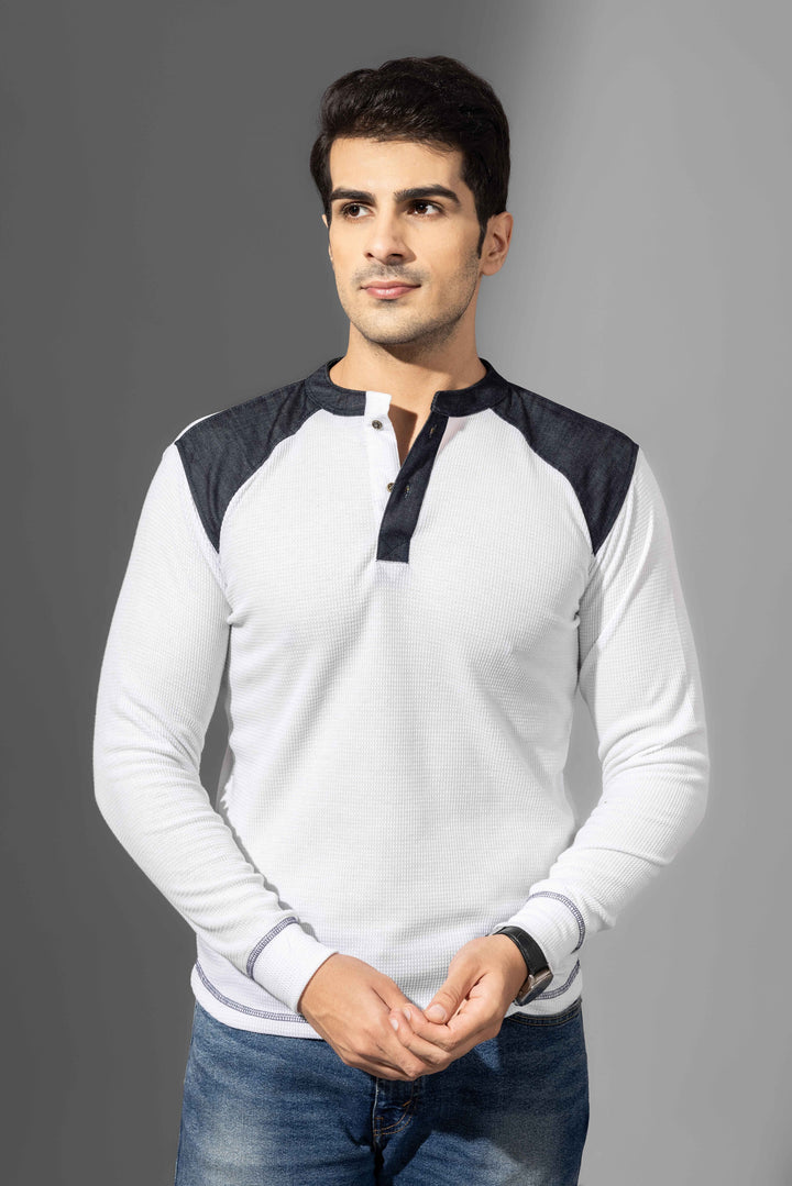 White Self Design Henley Neck T-Shirt