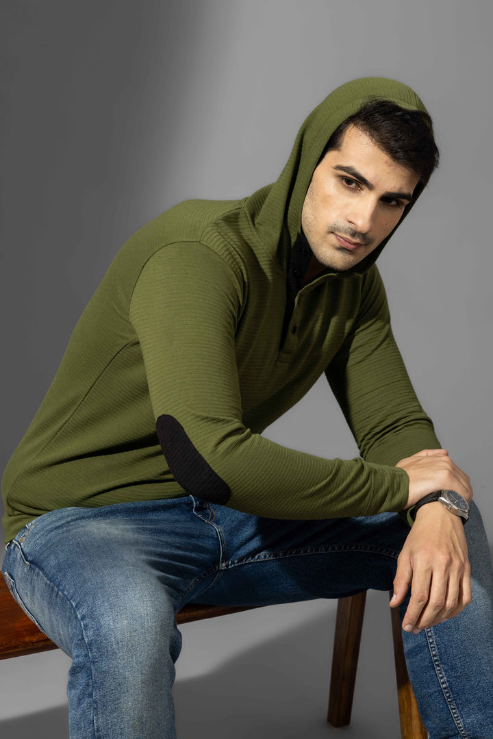 Olive Self Design Hooded T-Shirt