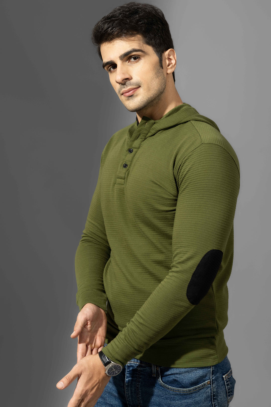 Olive Self Design Hooded T-Shirt
