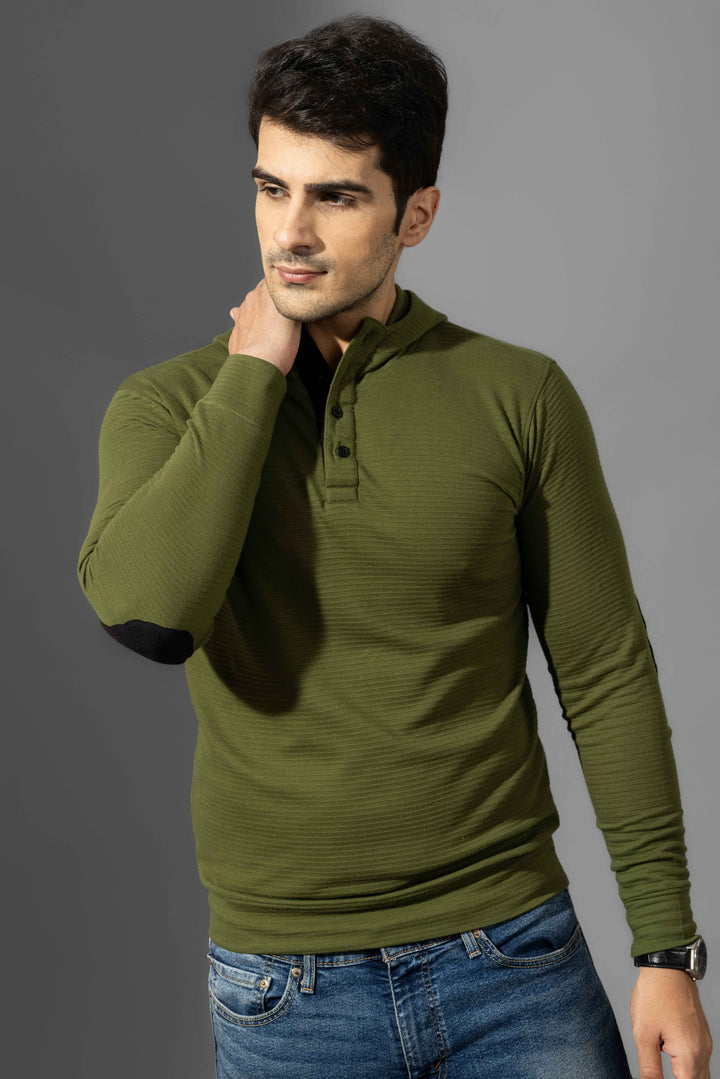Olive Self Design Hooded T-Shirt