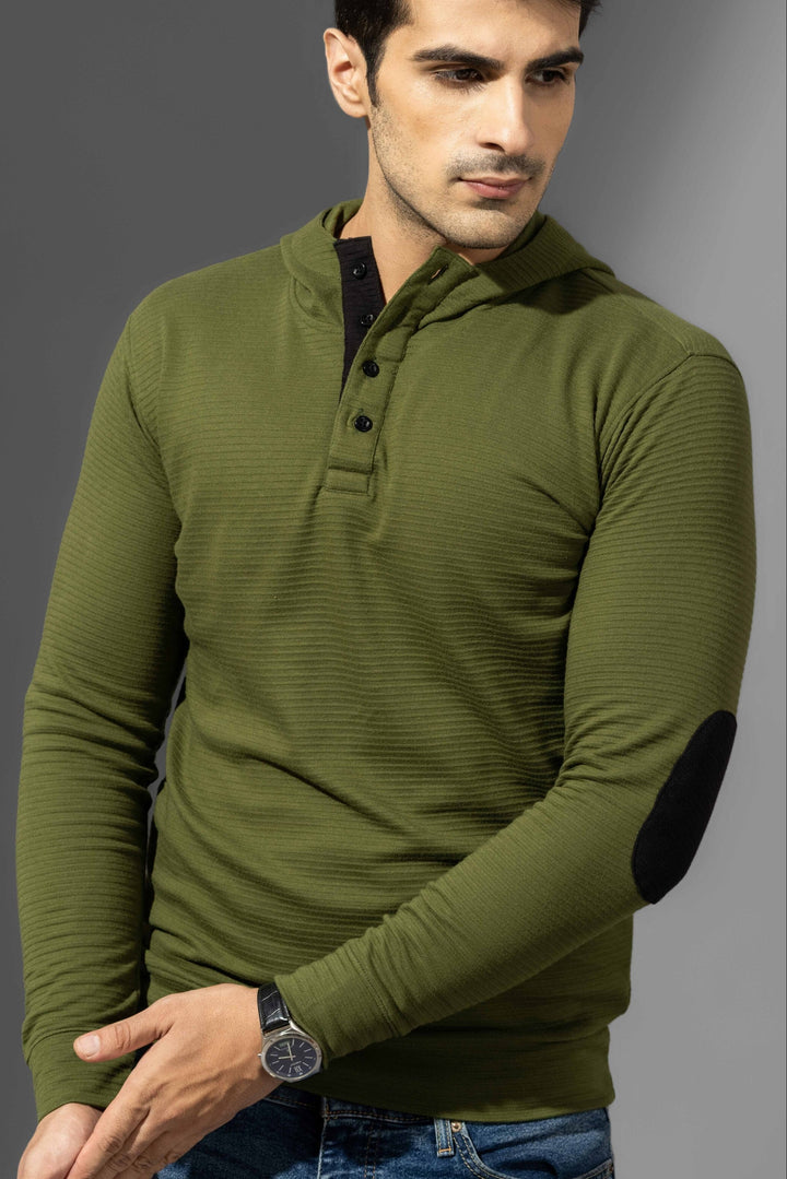 Olive Self Design Hooded T-Shirt