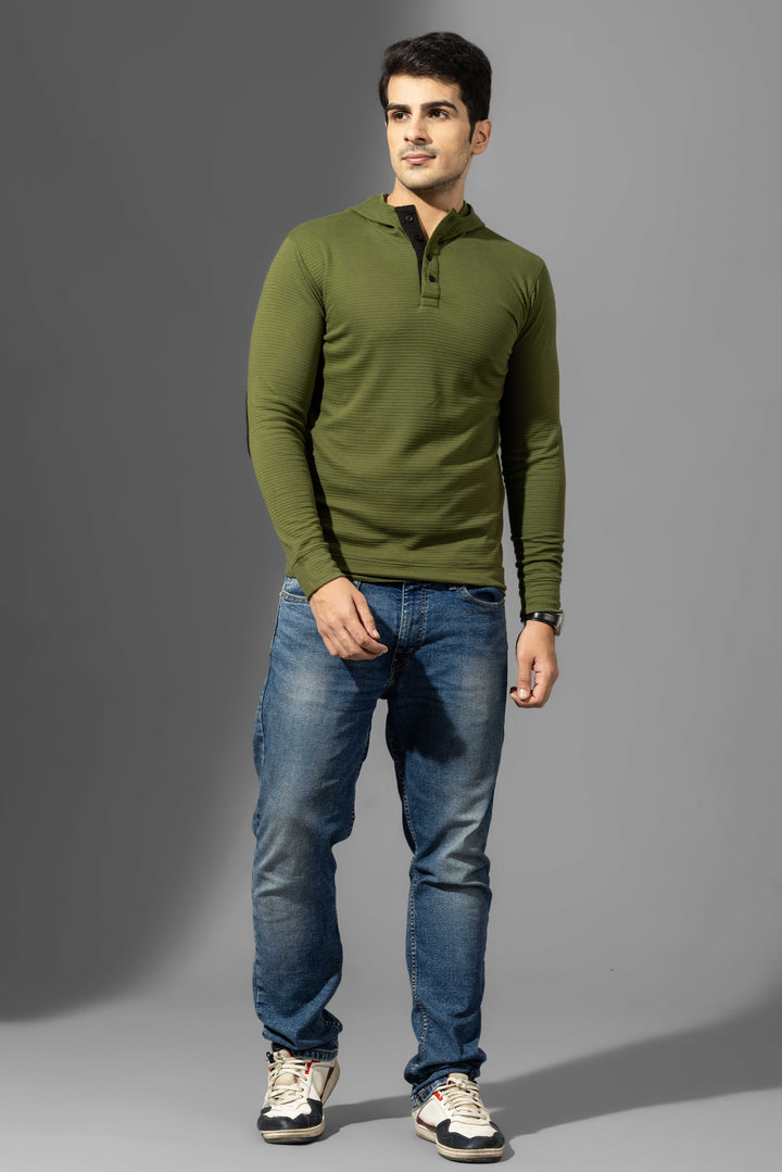 Olive Self Design Hooded T-Shirt