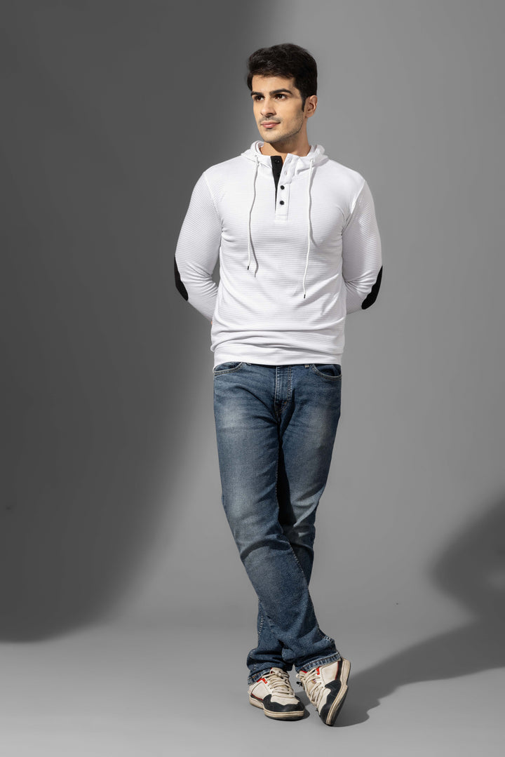 White Elbow Patch Self Design Hooded Placket T-Shirt