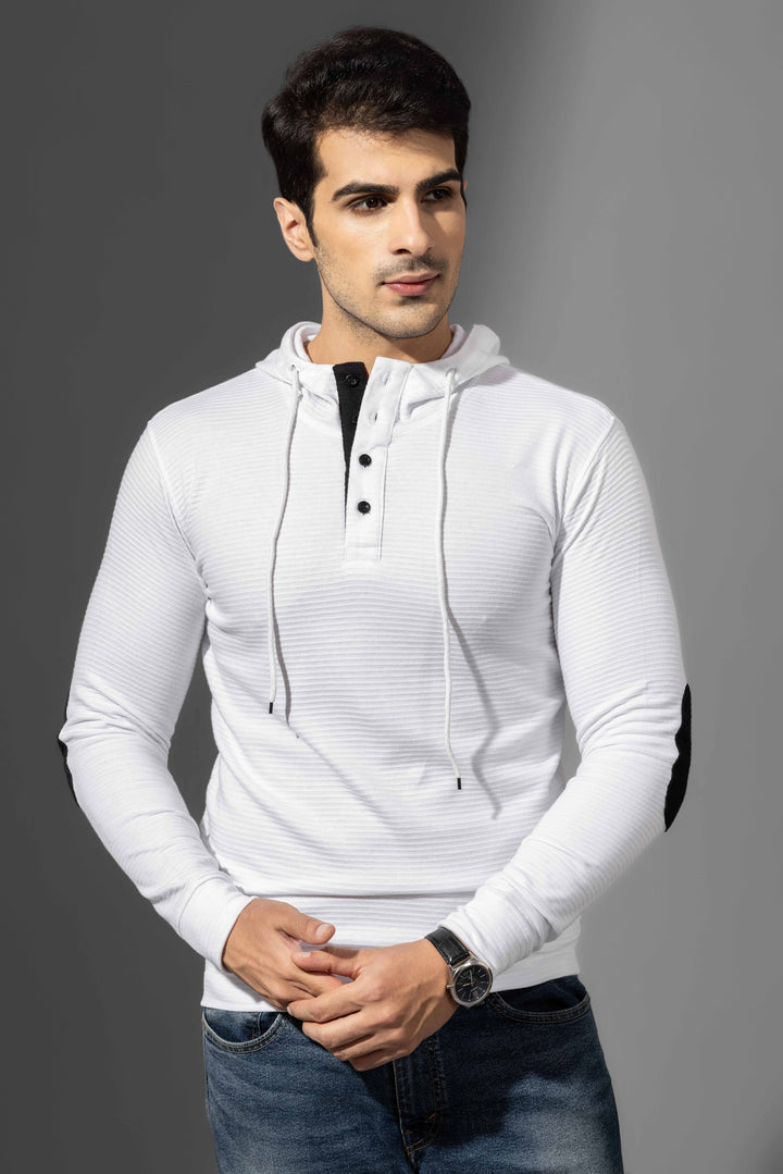 White Elbow Patch Self Design Hooded Placket T-Shirt