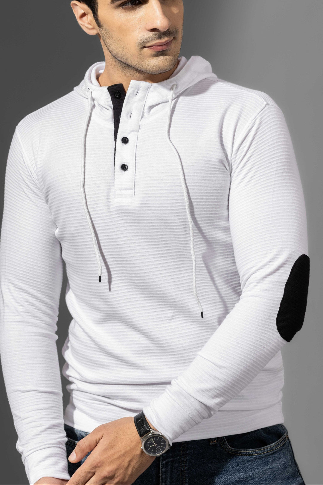 White Elbow Patch Self Design Hooded Placket T-Shirt