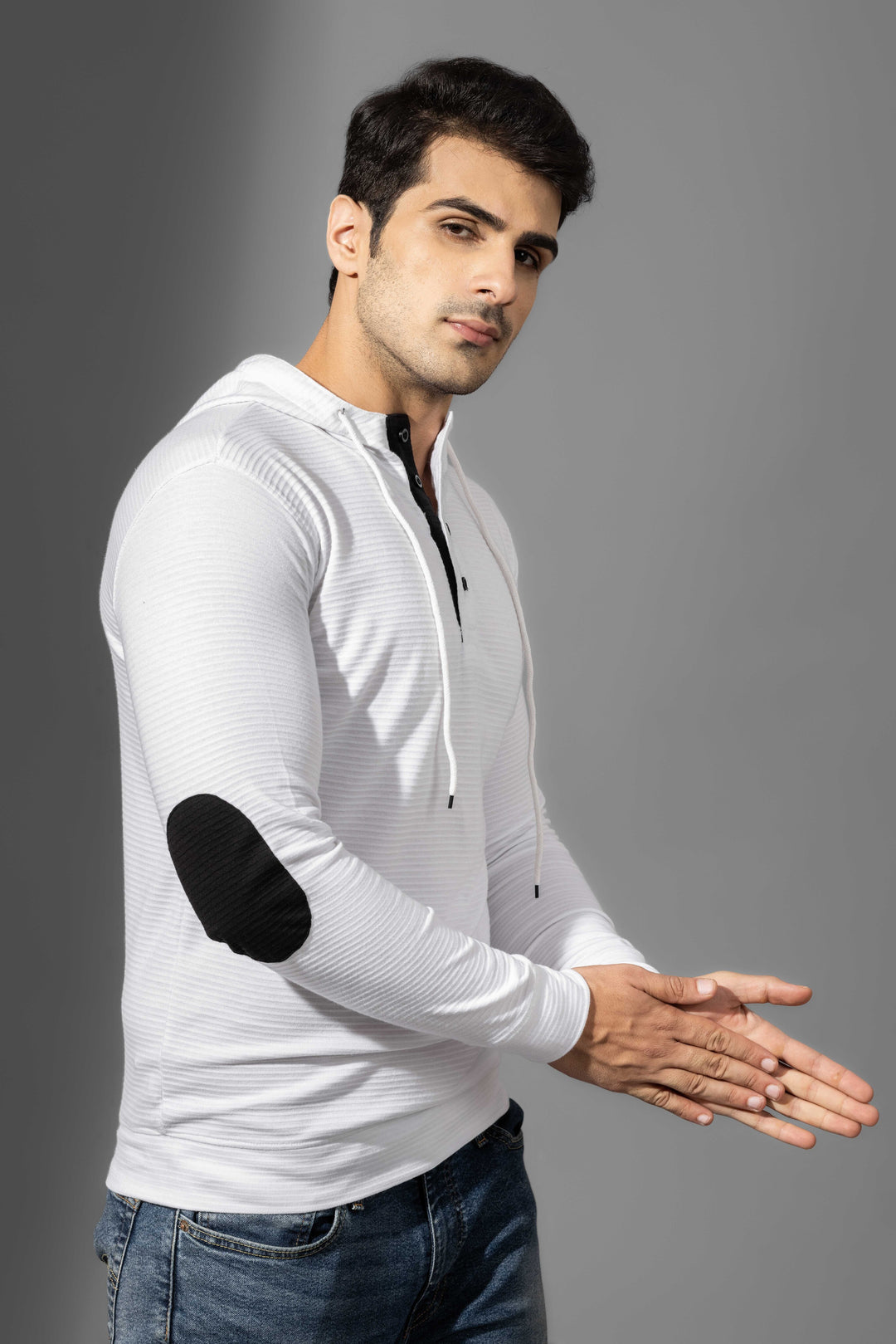 White Elbow Patch Self Design Hooded Placket T-Shirt