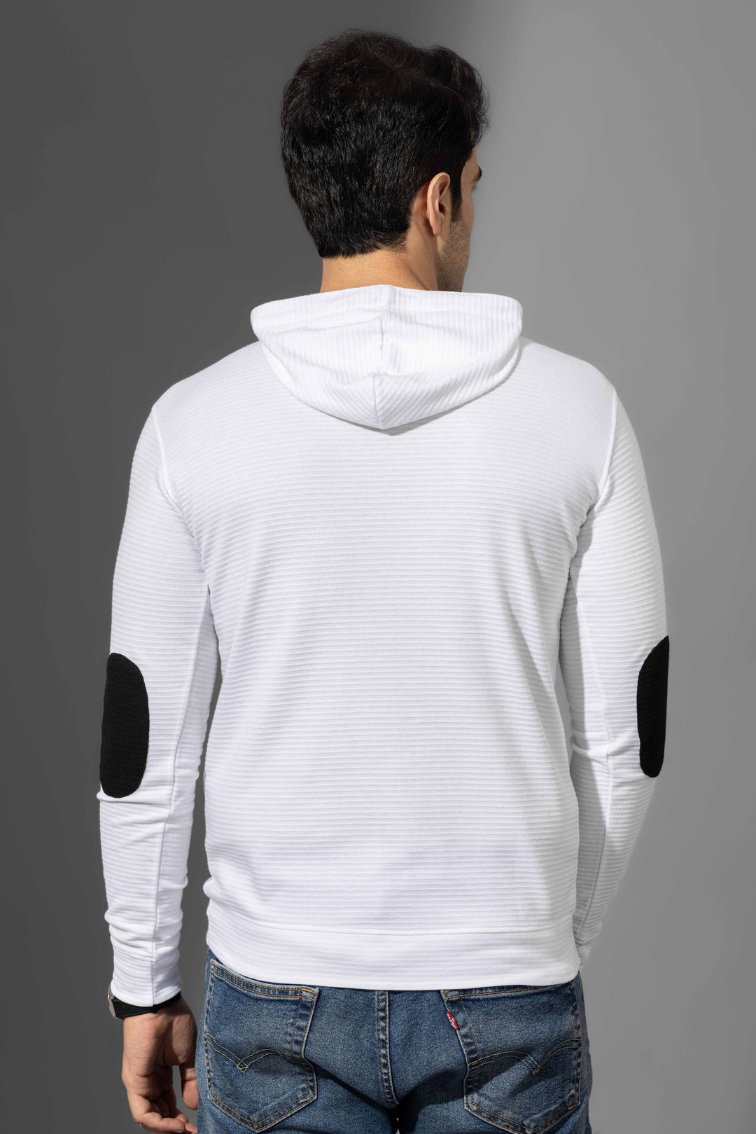 White Elbow Patch Self Design Hooded Placket T-Shirt