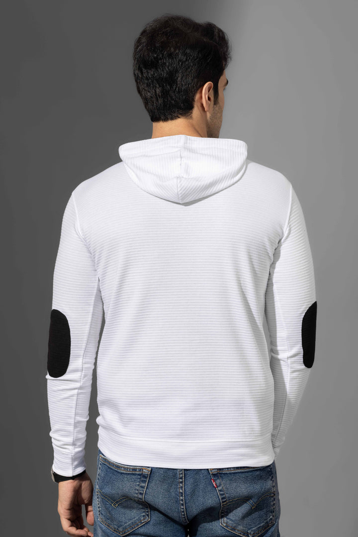 White Elbow Patch Self Design Hooded Placket T-Shirt