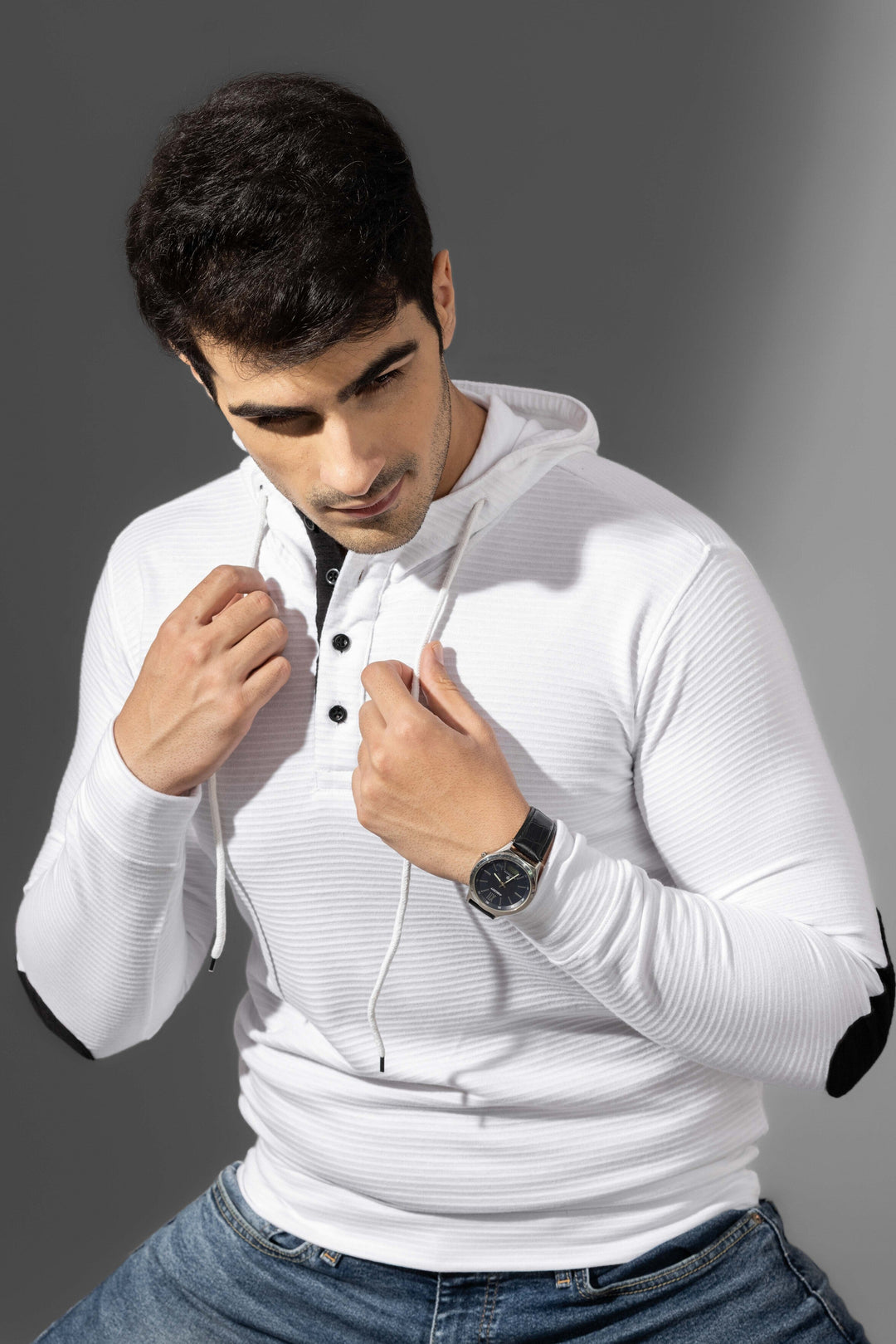 White Elbow Patch Self Design Hooded Placket T-Shirt