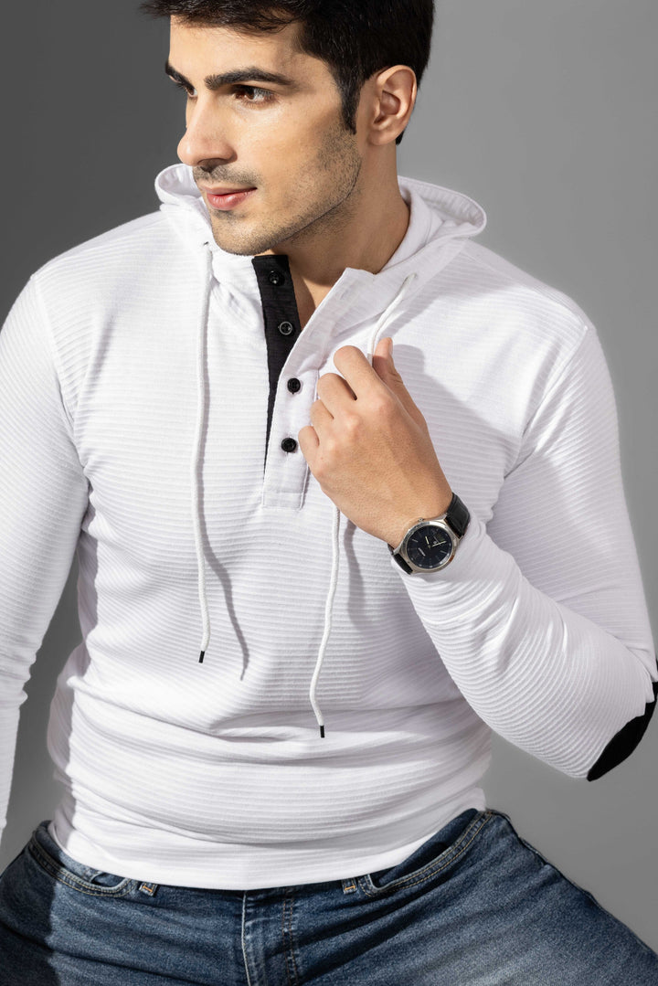 White Elbow Patch Self Design Hooded Placket T-Shirt