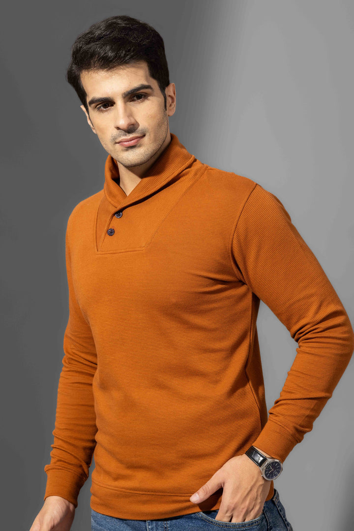 Brown Self Design High Neck T-Shirt