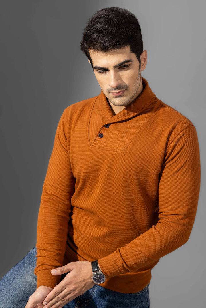 Brown Self Design High Neck T-Shirt