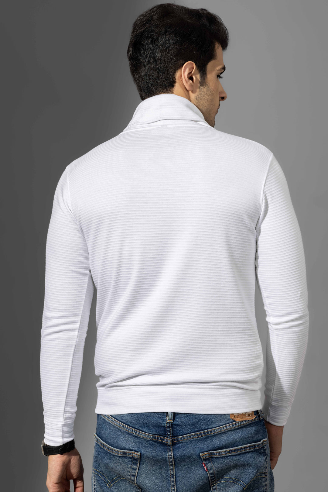 White Shawl collar Self Design T-Shirt