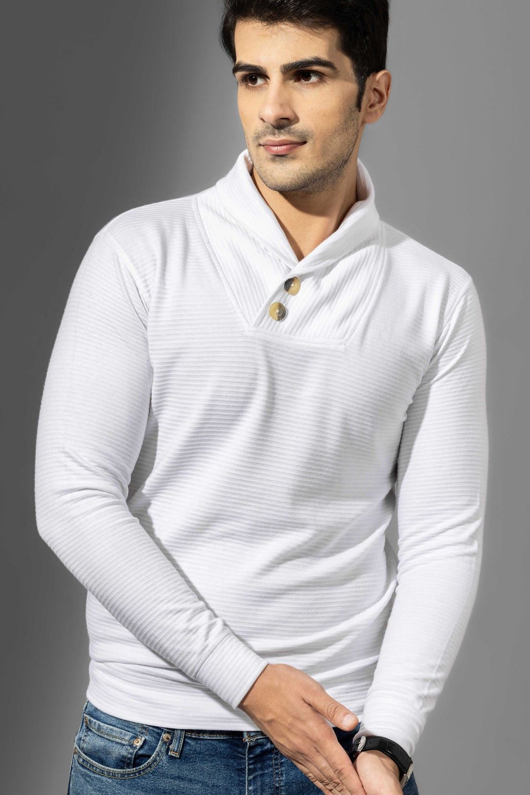White Shawl collar Self Design T-Shirt