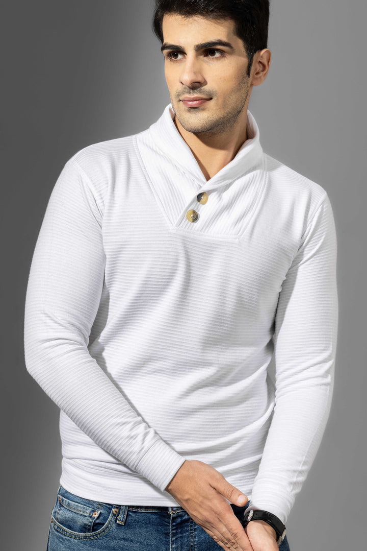 White Shawl collar Self Design T-Shirt