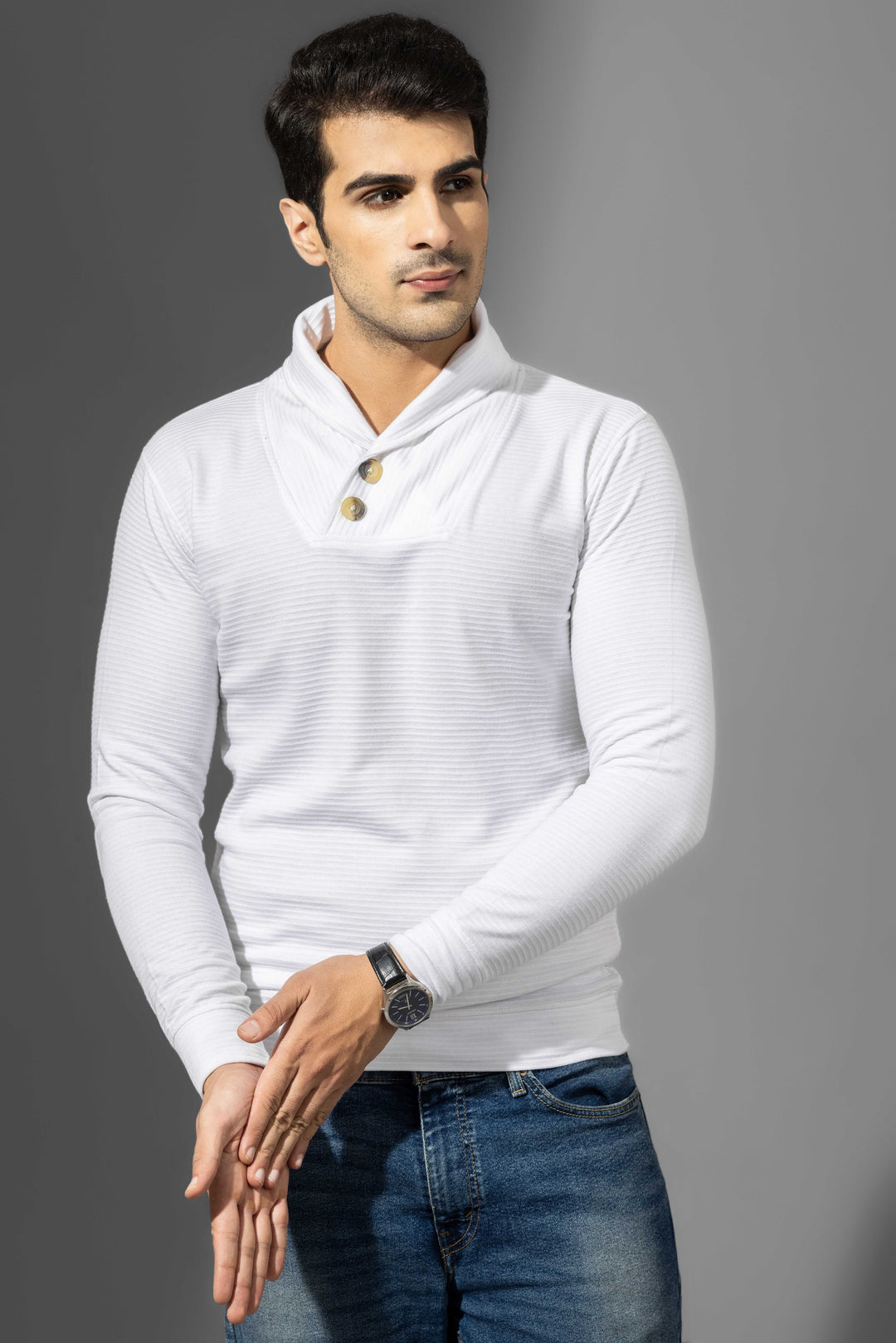 White Shawl collar Self Design T-Shirt