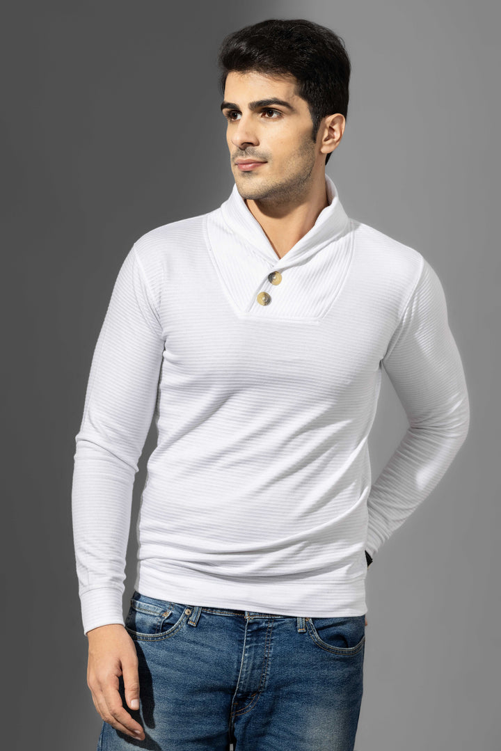 White Shawl collar Self Design T-Shirt