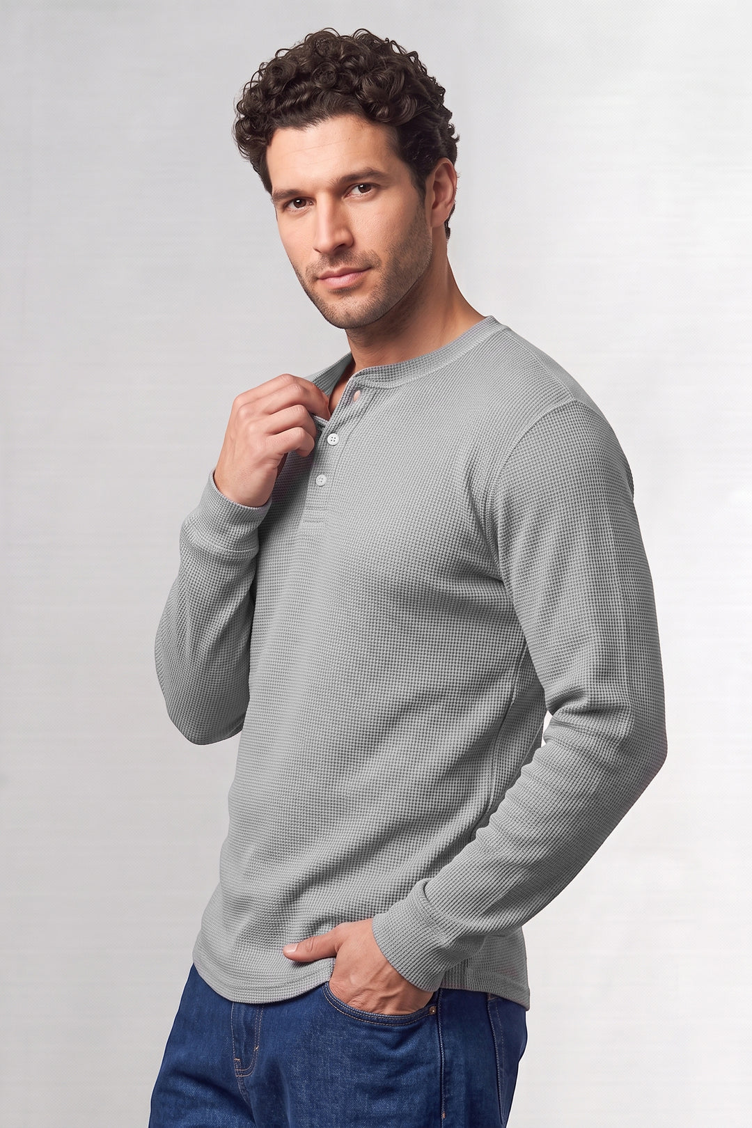 Light Blue Matty Cotton Long Sleeve Henley T-Shirt