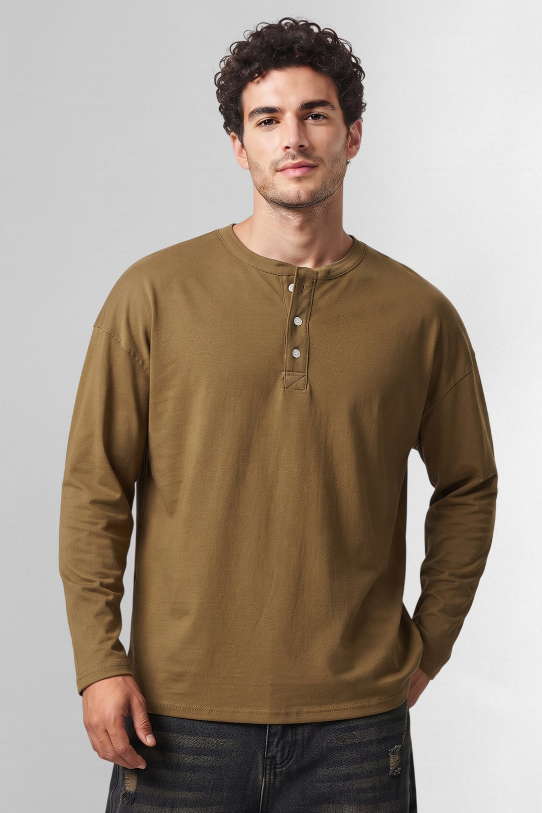 Green Boxy Fit Long Sleeve Henley T-Shirt