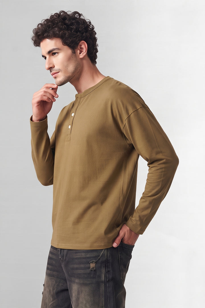 Green Boxy Fit Long Sleeve Henley T-Shirt