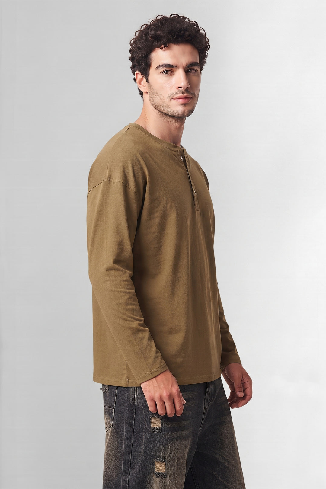 Green Boxy Fit Long Sleeve Henley T-Shirt